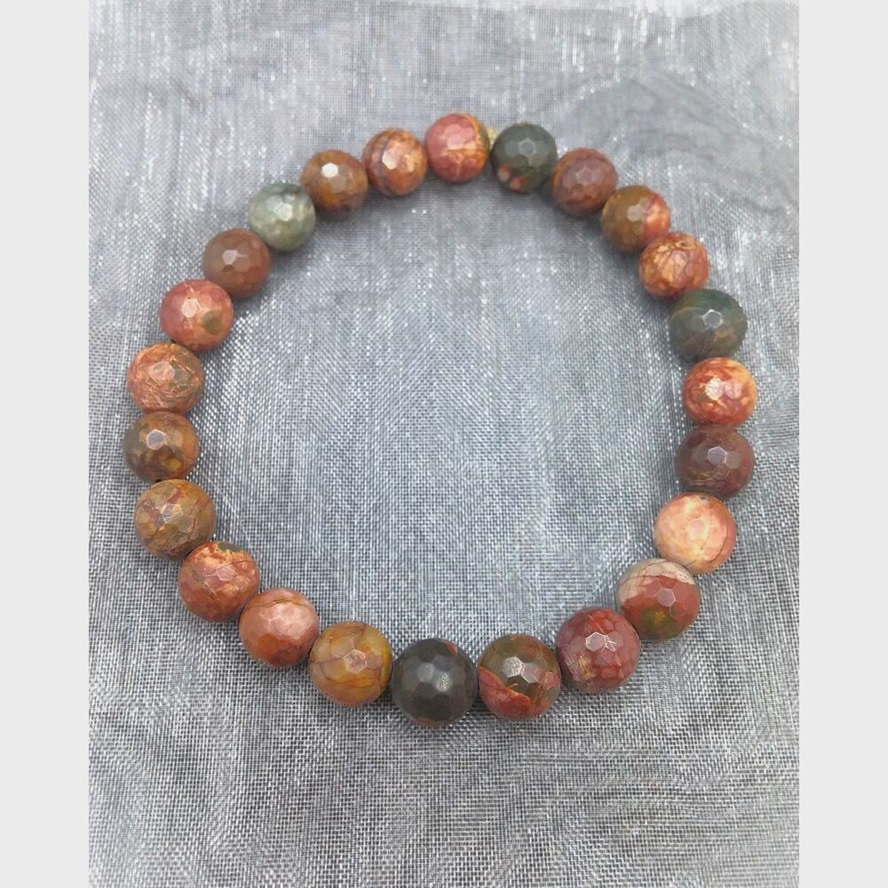 Red Creek Faceted Jasper Bracelet 8mm Beaded Stretch Earthy Boho Unisex NEW